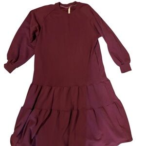 Women's Burgundy Tiered Long Sleeve Casual Dress